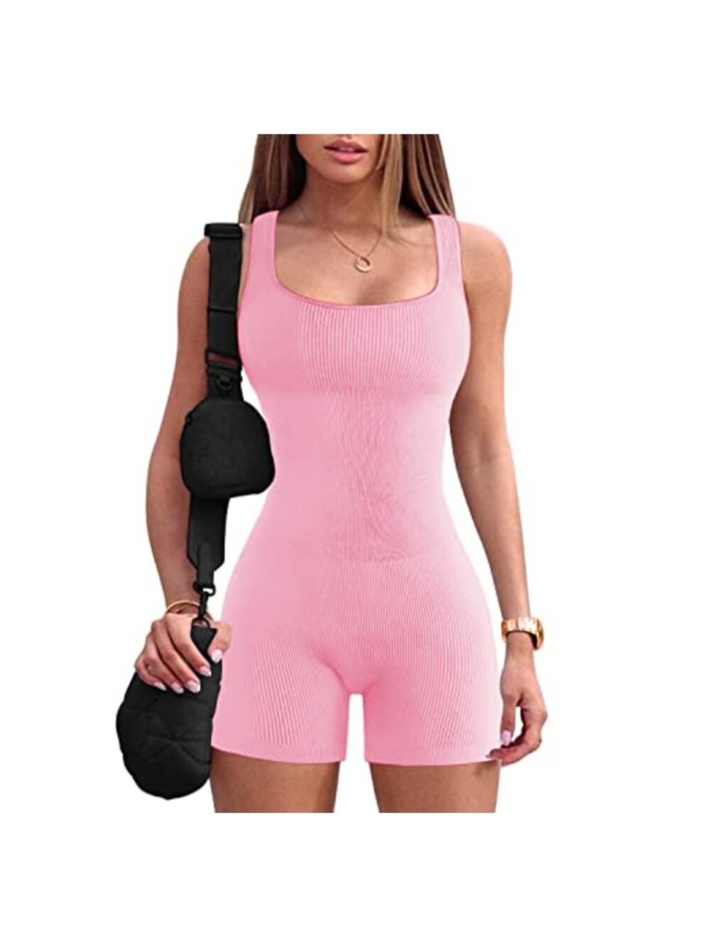 Women's Ribbed Yoga Jumpsuit Sleeveless Bodycon Romper Square Neck Athletic